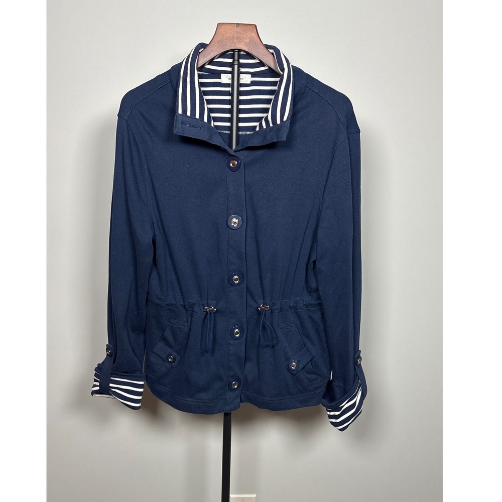 Dressbarn Jacket Women L Navy Blue Nautical Striped Trim Drawstring Utility Coat